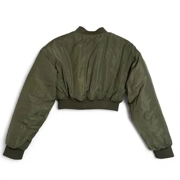 H&M Women's Green Cropped Puffer Bomber Jacket sz XS - Picture 2 of 6